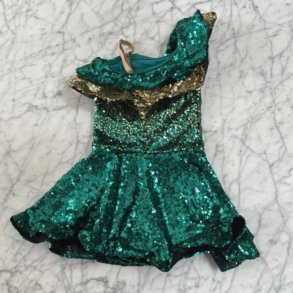 HEART AND SOUL Revolution Dance Costume Size XSC Green Sequin Flounce Skirt